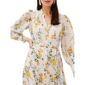 Model wearing Phase Eight Lucie Floral Maxi Shirt Dress in multi, long sleeve with V-neck collar, yellow floral print, cinched waist