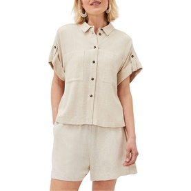 Model wearing Phase Eight Mona Co-Ord Blouse in cream, short sleeves with turned-up cuffs, button front, chest patch pockets