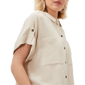 Model wearing Phase Eight Mona Co-Ord Blouse in cream, showing collar, button front, short sleeves with turn-up cuffs and chest patch pockets