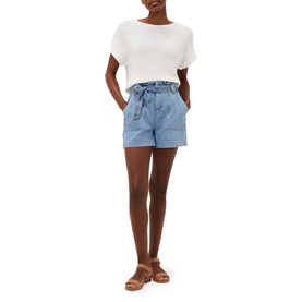 Model wearing Phase Eight Pollie Cargo Shorts in blue denim with paperbag waist and tie belt, styled with white tee and tan sandals