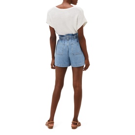 Model wearing Phase Eight Pollie Cargo Shorts in blue denim with paperbag waist and tie belt, styled with white tee and tan sandals