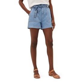 Model wearing Phase Eight Pollie Cargo Shorts in blue denim with paperbag waist and tie belt, styled with a white top and tan sandals