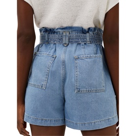 Model wearing Phase Eight Pollie Cargo Shorts in blue denim with paperbag waist, tie belt, and patch pockets, styled with a white top