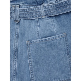 Phase Eight Pollie Cargo Shorts in blue denim, showing patch pocket and paperbag waist detail with tie belt. 100% cotton