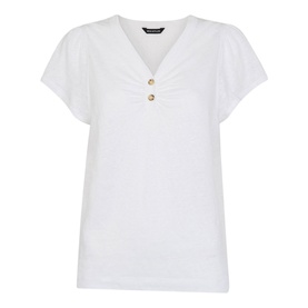 Whistles Cada Button Linen Blend T-Shirt in white with V-neck, ruched detail, gold buttons, and short sleeves