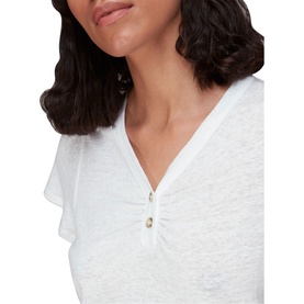 Model wearing Whistles Cada Button Linen Blend T-Shirt in white, showing V-neck and gold-tone button detail with flutter sleeve