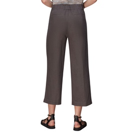 Model wearing Whistles Linen Trousers in black, high rise, wide leg cropped style, shown from behind with black sandals