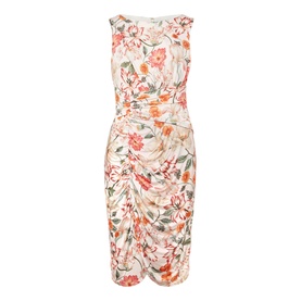 Phase Eight Larna Blush Jackie Dress in pink floral print, sleeveless with round neck, fitted silhouette and ruched detailing