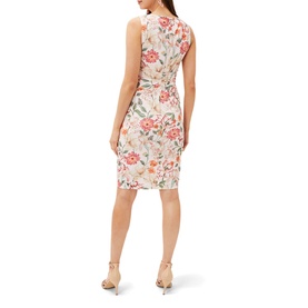 Model wearing Phase Eight Larna Blush Jackie Dress in pink floral print, sleeveless ruched fitted style, back view, styled with strappy heels