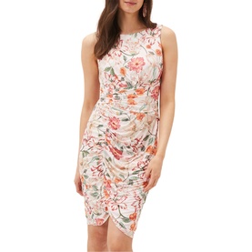 Model wearing Phase Eight Larna Blush Jackie Dress in pink floral print, sleeveless, round neck, ruched fitted silhouette with asymmetric hem