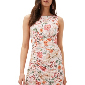 Model wearing Phase Eight Larna Blush Jackie Dress in pink floral print, sleeveless with round neck and ruched detailing