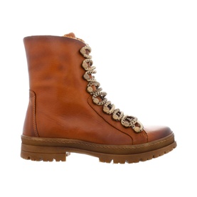 Carl Scarpa Turner Leather Buckle Ankle Boots in black with gold chain lace detailing, inside zip, and chunky tan sole