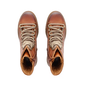 Carl Scarpa Turner Leather Ankle Boots in tan with gold-tone woven lace detailing, shown from above, inside zip fastening visible