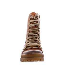 Carl Scarpa Turner Leather Buckle Ankle Boots in black with gold-tone chain laces, lace-up front, and chunky tan sole