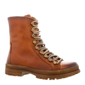 Carl Scarpa Turner Leather Buckle Ankle Boots in black with gold chain lace detailing, inside zip, and chunky tan sole
