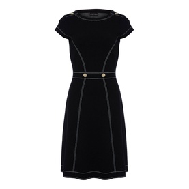 Phase Eight Amaya Contrast Stitch Detail Dress in black with gold-tone button details, contrast stitching, short sleeves and fit-and-flare silhouette
