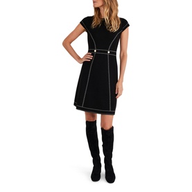 Model wearing Phase Eight Amaya Contrast Stitch Detail Dress in black with white contrast stitching and gold-tone buttons