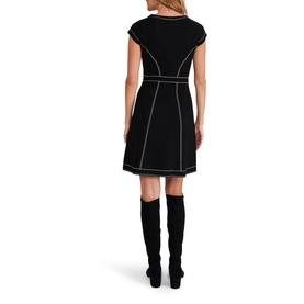 Model wearing Phase Eight Amaya Contrast Stitch Detail Dress in black, showing contrast stitching and fit-and-flare silhouette