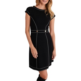Model wearing Phase Eight Amaya Contrast Stitch Detail Dress in black with white contrast stitching, gold-tone buttons, short sleeves and round neck