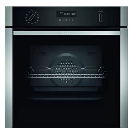 Neff B27DS79N0 built-in single oven in black stainless steel with digital display, rotary dial, and wire rack visible inside