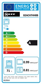 Neff T27DS79N0 75cm Gas Hob EU energy label showing A-rated efficiency, 71L capacity, and 0.81 kWh/cycle consumption