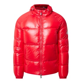 Pyrenex Sten Puffer Jacket in red, high-shine finish, adjustable hood, frontal zip, logo patch, padded silhouette
