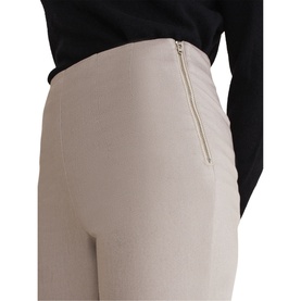 Model wearing Phase Eight Amina Jeggings in brown with exposed silver side zip detail, styled with a black top