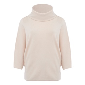 Phase Eight Camillan Cowl Neck Sweater in pink, featuring a draped cowl neck and three-quarter length sleeves in fine rib knit