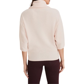 Model wearing Phase Eight Camillan Cowl Neck Sweater in pink, rear view, with cowl neck and three-quarter sleeves, styled with dark trousers