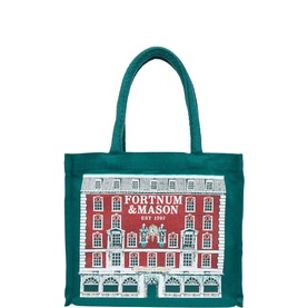 Fortnum & Mason Christmas Piccadilly Bag for Life, teal canvas tote with illustrated Fortnum & Mason storefront graphic in red and white