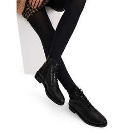 Model wearing Phase Eight Lace Up Leather Boots in black, ankle style with lace-up front, low block heel, styled with black opaque tights