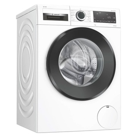 Bosch 9KG 1400RPM Washing Machine in white with black door trim, digital display panel, angled front view