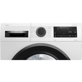 Bosch 9KG 1400RPM Washing Machine in white with black door trim, digital display panel and central control dial, front-loading design
