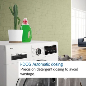 Bosch 9KG 1400RPM Washing Machine in white, shown in laundry room setting with i-DOS automatic precision detergent dosing feature highlight