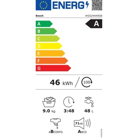 Bosch 9KG 1400RPM Washing Machine EU energy label showing A rating, 46kWh, 9kg capacity, 3:48 cycle time and 48L water usage