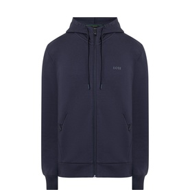 Boss Green Label Zip-Up Logo Hoodie in navy, regular fit, drawstring hood, full-length zip, side pockets, tonal logo