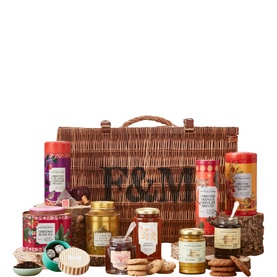 Fortnum & Mason The Season's Greetings Hamper, wicker basket with F&M branding, filled with festive tins, jars, biscuits and treats