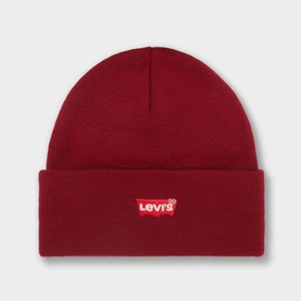 Levi's Batwing Logo Slouchy Beanie Hat in wine, knitted acrylic with wide turned-up brim and embroidered batwing logo patch