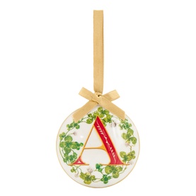 Cream ceramic Christmas bauble ornament with red letter A, green ivy motif, and gold satin ribbon bow hanger