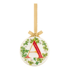 Ceramic Christmas bauble with red letter A, green ivy wreath design, and gold ribbon hanger with bow