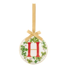 White ceramic Christmas bauble ornament with red letter H, green ivy wreath border, and gold ribbon bow hanger