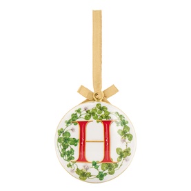 Ceramic Christmas bauble with letter H in red, green ivy wreath border, and gold satin ribbon hanger