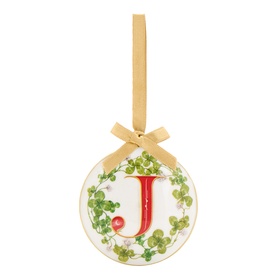 Ceramic Christmas bauble ornament with red letter J, green holly wreath detail, and gold satin ribbon bow