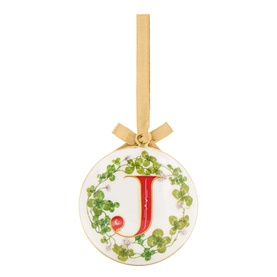 Ceramic Christmas bauble ornament with red letter J, green holly wreath detail, and gold ribbon hanger with bow