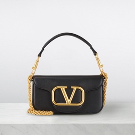 Valentino V Logo Chain Small Shoulder Bag in black leather with gold VLogo plaque, chain strap and top handle
