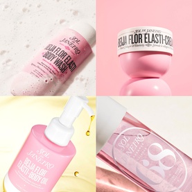 Sol De Janeiro pink body care collection featuring Body Wash, Elasti-Cream, Body Oil, and Body Mist in matching pink packaging