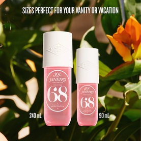 Sol De Janeiro Brazilian Crush Cheirosa 68 Body Mist in 240ml and 90ml sizes, pink bottles with white caps, amongst green foliage