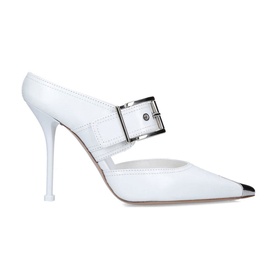 Alexander McQueen Punk Buckle Belt Mules in white leather, pointed silver toe cap, oversized silver buckle strap, stiletto heel