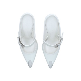 Alexander McQueen Punk Buckle Belt Mules in white leather, pointed toe, slip-on style with silver-tone buckle detail, overhead view