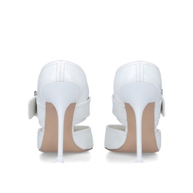 Alexander McQueen Punk Buckle Belt Mules in white leather, stiletto heel, buckle detail with silver-tone hardware, rear view